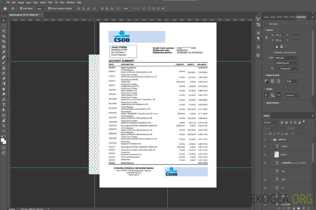 République tchèque Relevé bancaire de Československá Obchodní Banka modèle facile à remplir au format de fichier .xls et .pdf template